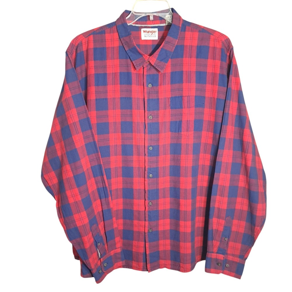 Wrangler Men's Collared Button-Up Shirt 3XL Red/Blue Plaid Long Sleeves